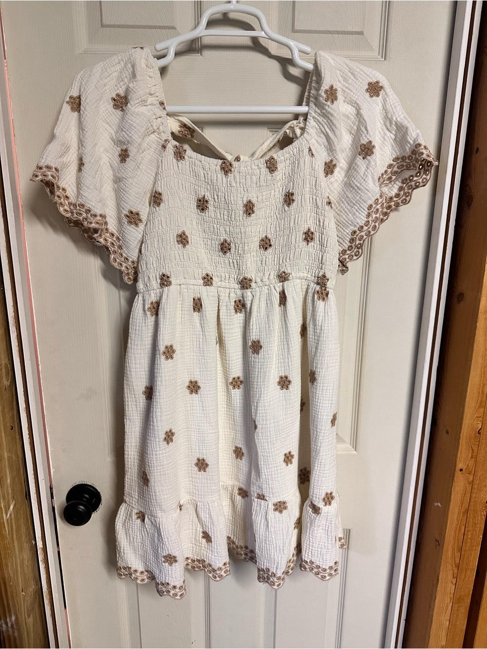 Women’s Easel Cream Dress with Brown Floral Embroidery